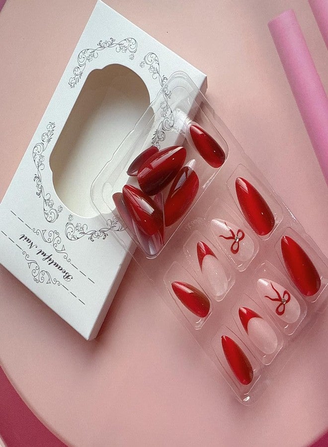 SINSEN Short Press on Nails Almond French Fake Nails with Bow Design Glossy Red Cat-eye Design Acrylic Full Cover Valentines Glue on Nails Artificial Gel False Nail Kit Short Stick on Nails for Women 24PCS - Image 5