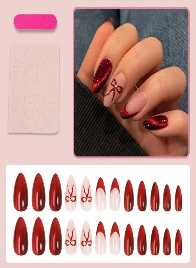 SINSEN Short Press on Nails Almond French Fake Nails with Bow Design Glossy Red Cat-eye Design Acrylic Full Cover Valentines Glue on Nails Artificial Gel False Nail Kit Short Stick on Nails for Women 24PCS - Image 3