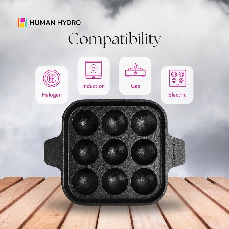 Human Hydro مقلاة بانيارام من الحديد الزهر مسبقة التتبيل (9 فتحات) مع ملعقة خشبية | غير لاصقة بشكل طبيعي، متوافقة مع الحث والغاز | أواني طهي ثقيلة لتحضير بادو، أبام، كوزي بانيارام والمزيد - Image 3