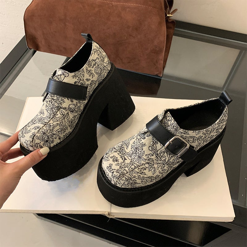 Spring 2025 New European and American Super High-heeled Single-layer Shoes Fork Chinese-style National Style Thick-heeled Belt Buckle Foreign Trade Cross-border Womens Shoes White