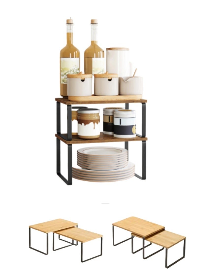 XICEN 2 Pcs Kitchen Counter Shelves Organizer, Stackable Expandable Metal and Engineered Wood Cabinet Shelves, Storage Rack for Kitchen Office Bathroom Bedroom - Image 1