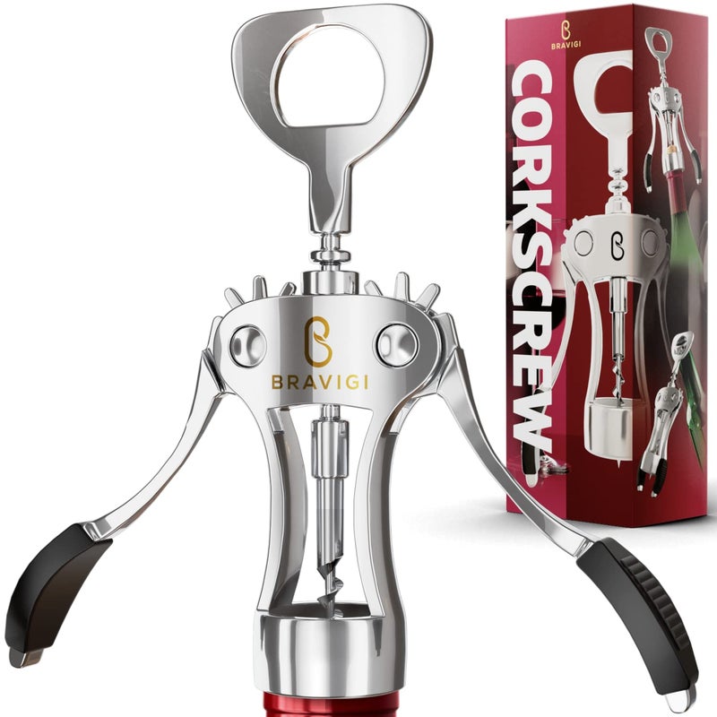 Premium Wine Opener Wing Corkscrew Made wHeavy Duty Stainless Steel Screw Zinc Alloy Body Perfect Corkscrew to Open Wine Beer Bottles Great Bootle Opener For Bartenders Restaurants Home