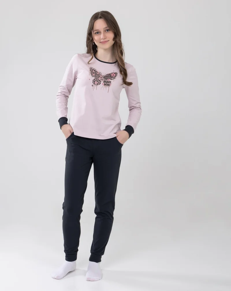 Baykar Girls Cotton Printed Crew Neck Long Sleeve Cuffed Pajama Set 9238-1 Light Lilac