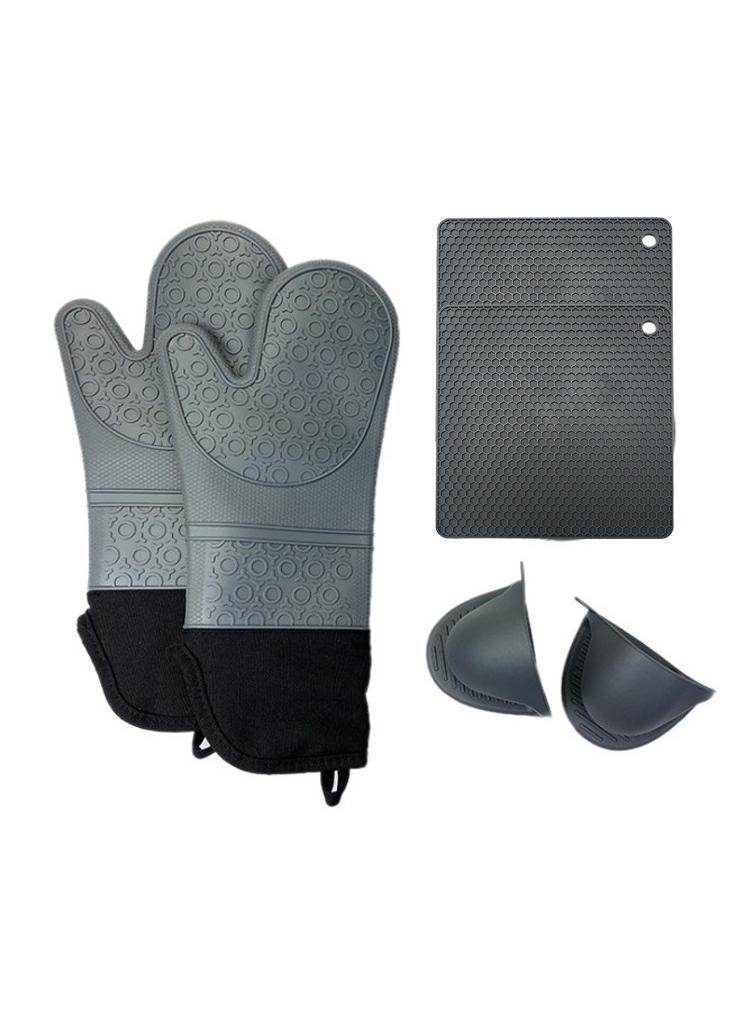 XiuWoo Silicone Oven Mitts and Pot Holders Set, Heat Resistant Mittens with Mini Gloves Hot Pads, for Kitchen Baking Cooking, Quilted Liner, Black,Pack of 6  - Image 1