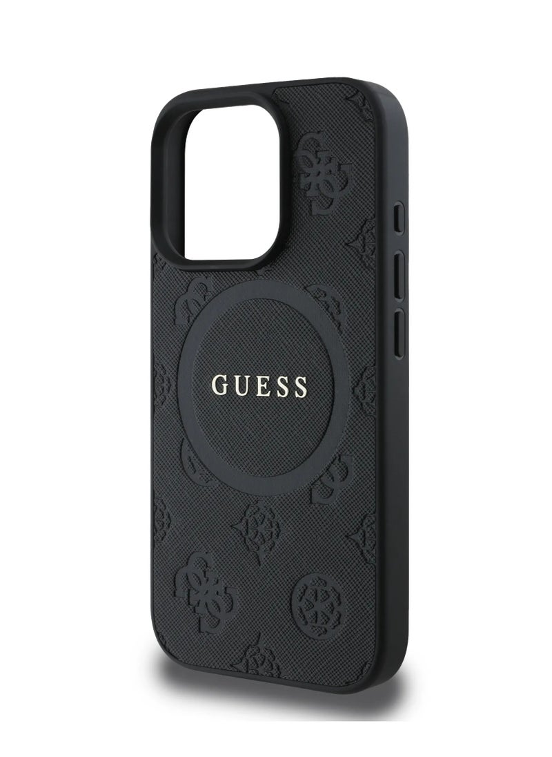 GUESS iPhone 16 Pro Max Magsafe Case Saffiano PU Cover with Peony Hot Stamp Pattern And Classic Logo / Drop Protection / Slim Back Cover - Black  - Image 4