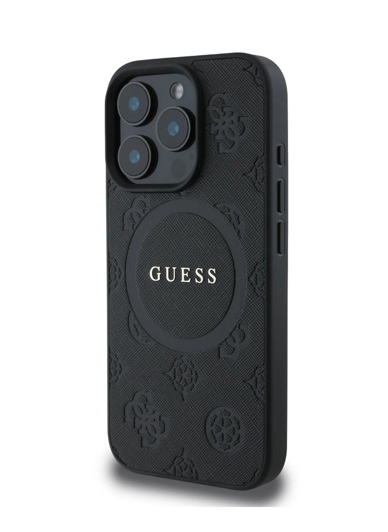 GUESS iPhone 16 Pro Max Magsafe Case Saffiano PU Cover with Peony Hot Stamp Pattern And Classic Logo / Drop Protection / Slim Back Cover - Black  - Image 2