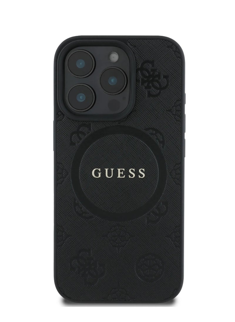 GUESS iPhone 16 Pro Max Magsafe Case Saffiano PU Cover with Peony Hot Stamp Pattern And Classic Logo / Drop Protection / Slim Back Cover - Black  - Image 1