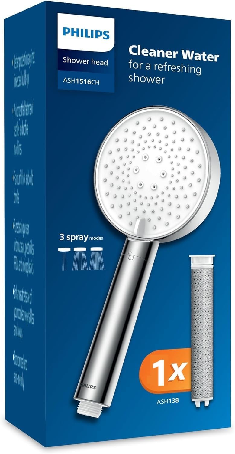 Philips Shower Head with Filter, Effectively Removes Chlorine and Other Large Particles, Three Spray Modes, Pressure Enhancing Design, 1 Month Filter Capacity
