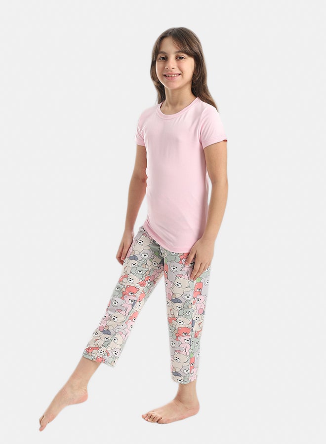 Andora Half Sleeves Plain T-Shirt And Teddy Bears Pants Pijama Set_Rose - Image 3
