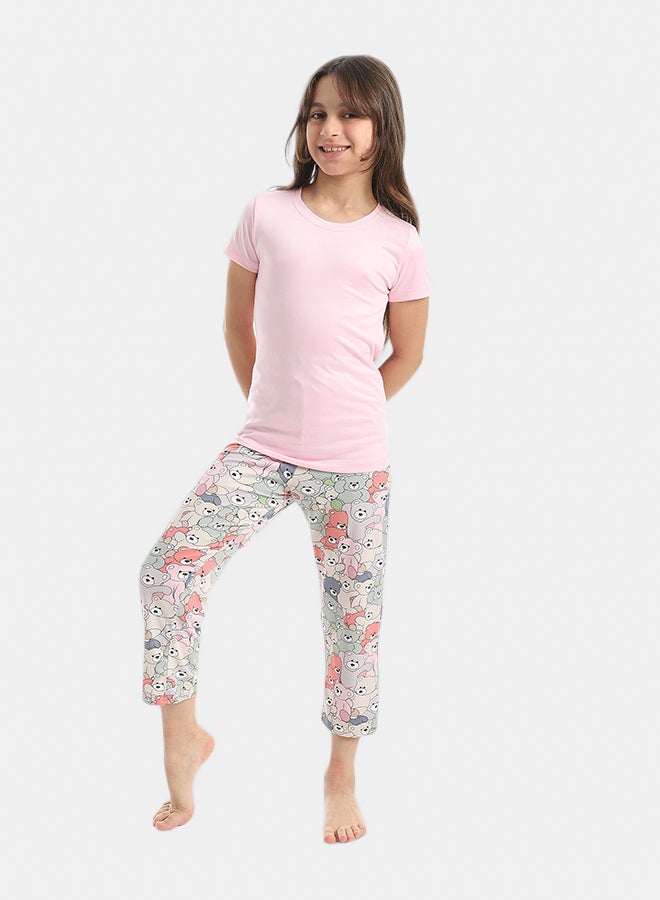Andora Half Sleeves Plain T-Shirt And Teddy Bears Pants Pijama Set_Rose - Image 1