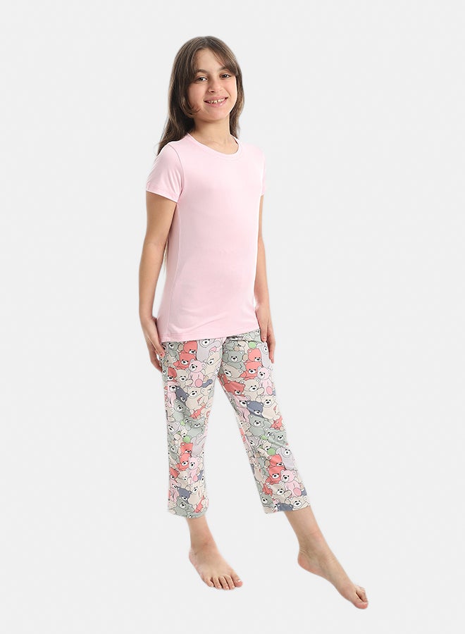 Andora Half Sleeves Plain T-Shirt And Teddy Bears Pants Pijama Set_Rose - Image 2