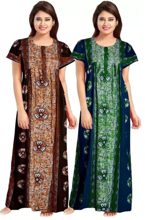 KBNBJ Nighty for Women Cotton Printed Maxi Gown Ankle Length Nighty Night Dress Gown for Women Maxi (Pack of 2) (Free Size, Brown&Green) - Image 1