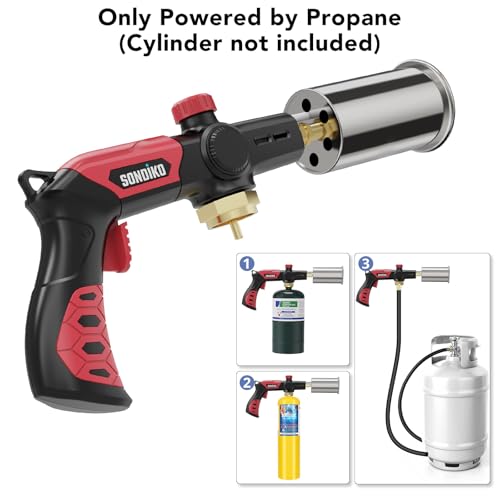 Sondiko Powerful Grill & Cooking Propane Torch L8010, Sous Vide, Campfire Starter, Adjustable Wood Torch Burner for Searing Steak, BBQ, Welding(Red & Black) Propane Tank Not Included - Image 3
