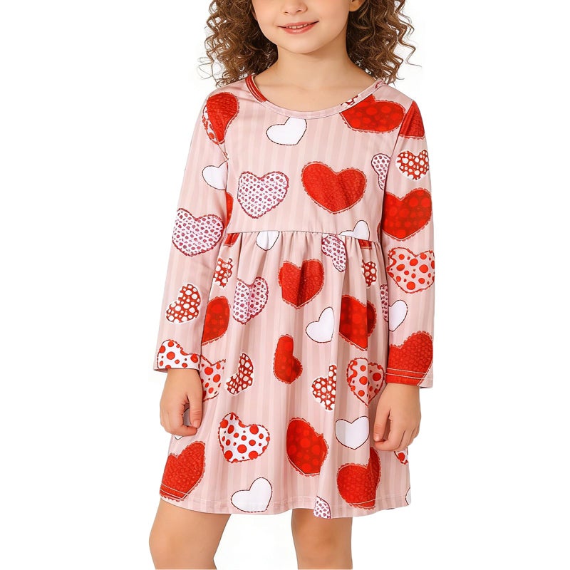 DACSOIT Valentines Toddler Girl Dress Love Hearts Print Ruffle Long Sleeve Casual Dress 5-6Y - Image 1