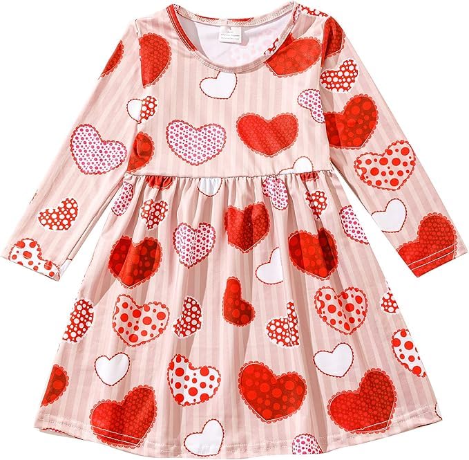 DACSOIT Valentines Toddler Girl Dress Love Hearts Print Ruffle Long Sleeve Casual Dress 5-6Y - Image 2