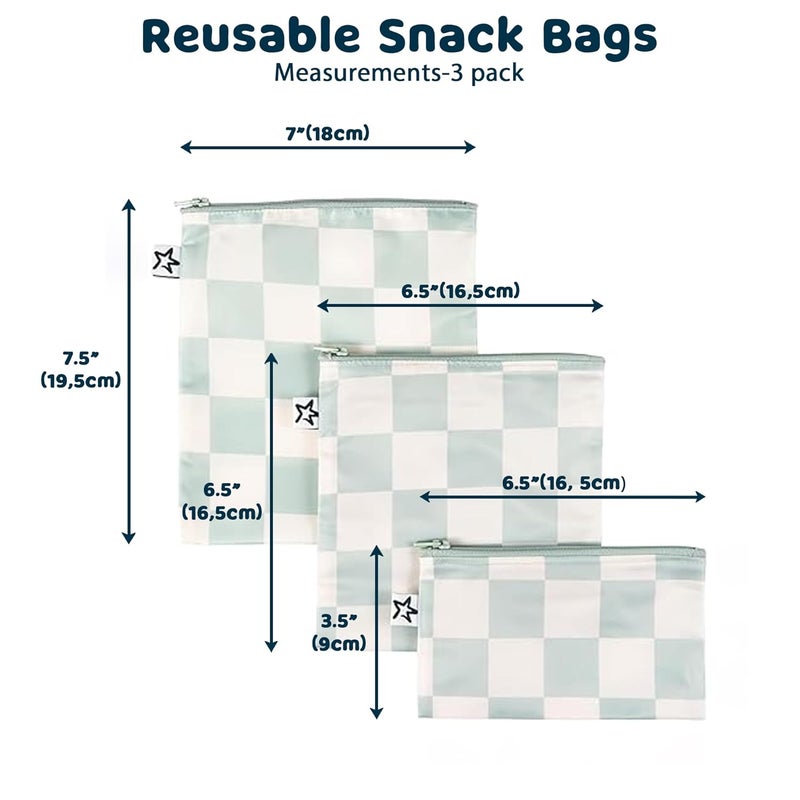 Tiny Twinkle Reusable Snack Bags for Kids – 3 Pack Snack Pouches & Sandwich Bag for Toddlers – Machine Washable, Mess-Proof for Lunch & Travel (Sage Checkers) - Image 2