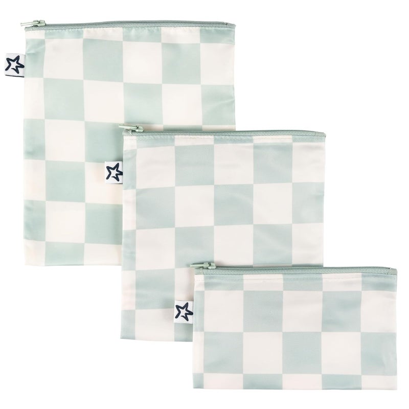 Tiny Twinkle Reusable Snack Bags for Kids – 3 Pack Snack Pouches & Sandwich Bag for Toddlers – Machine Washable, Mess-Proof for Lunch & Travel (Sage Checkers) - Image 1