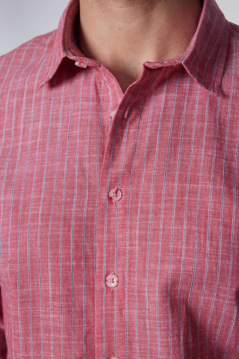 تودورس Slim Fit Long Sleeve Slim Fit Striped Summer Linen Texture Men's Shirt