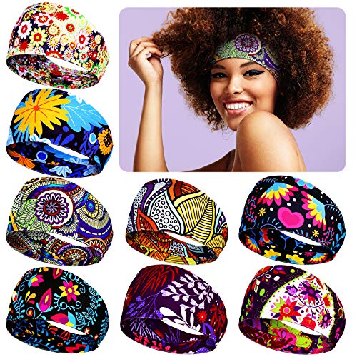 WILLBOND 8 Pcs Wide African Headband for Women Stretchy Boho Print Hairband Non Slip Headwrap Elastic Turban Head Grip Band for Women Yoga Workout Running Hair Accessory(Floral Pattern) - Image 1