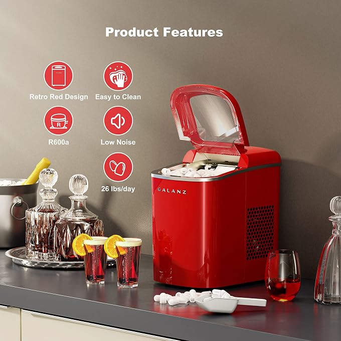 Galanz Portable Countertop Electric Ice Maker Machine, 26 lbs in 24 Hours, 9 Bullet Shaped Cubes Ready in 9 Minutes, 2 Ice Sizes, Perfect for Parties & Home Bar, 2.1 L, Retro Red - Image 2