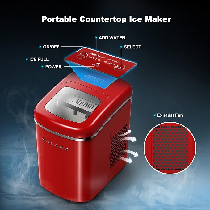 Galanz Portable Countertop Electric Ice Maker Machine, 26 lbs in 24 Hours, 9 Bullet Shaped Cubes Ready in 9 Minutes, 2 Ice Sizes, Perfect for Parties & Home Bar, 2.1 L, Retro Red - Image 3