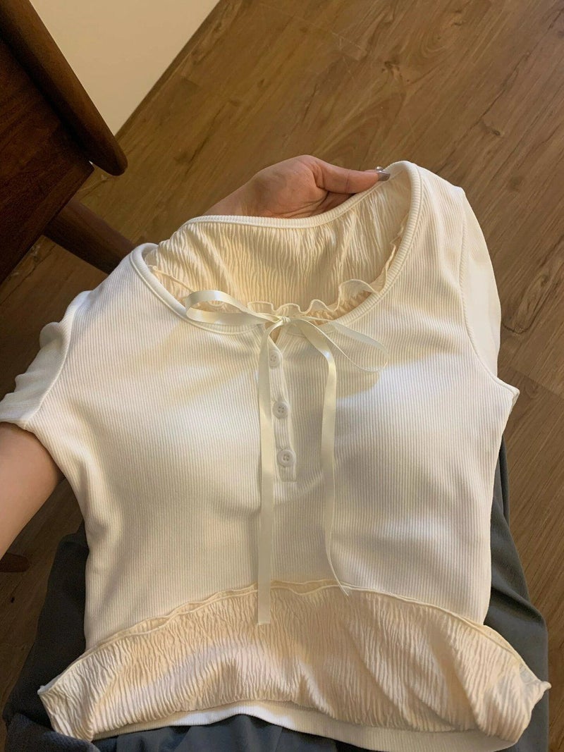 Korean-Style Niche Fake Two-Piece Stitching Wooden Ear Long-Sleeved T-Shirt Women'S Autumn Bow Inner Wear Chic Slim Bottoming Shirt - Image 1