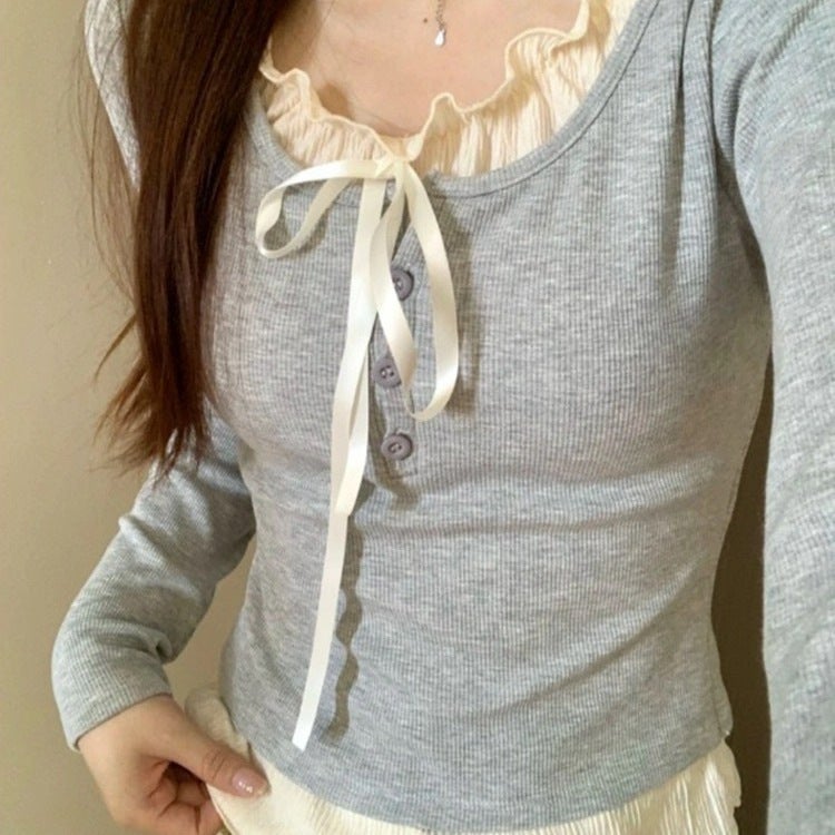 Korean-Style Niche Fake Two-Piece Stitching Wooden Ear Long-Sleeved T-Shirt Women'S Autumn Bow Inner Wear Chic Slim Bottoming Shirt - Image 3