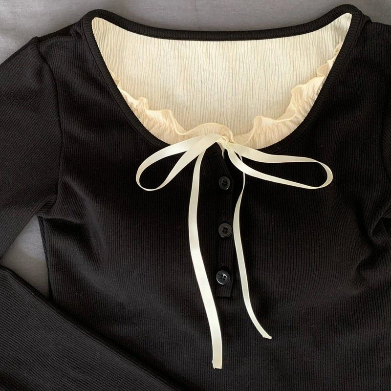 Korean-Style Niche Fake Two-Piece Stitching Wooden Ear Long-Sleeved T-Shirt Women'S Autumn Bow Inner Wear Chic Slim Bottoming Shirt - Image 2