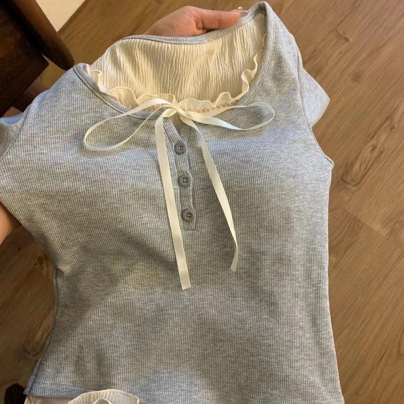 Korean-Style Niche Fake Two-Piece Stitching Wooden Ear Long-Sleeved T-Shirt Women'S Autumn Bow Inner Wear Chic Slim Bottoming Shirt - Image 4