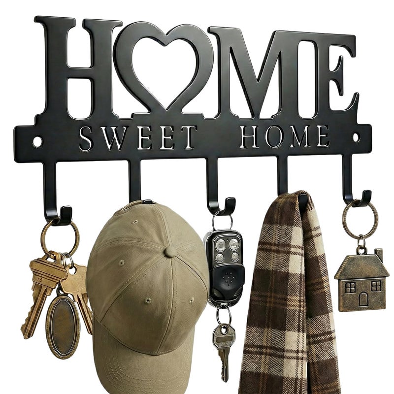 WIPHANY Entryway Key Holder Wall Mount with 5 Hooks, 13" Metal â€œSweet Homeâ€ Key Rack Organizer for Wall, Decorative Key Hanger for Entryway, Hallway & Mudroom, Housewarming Gift, Black - Image 1