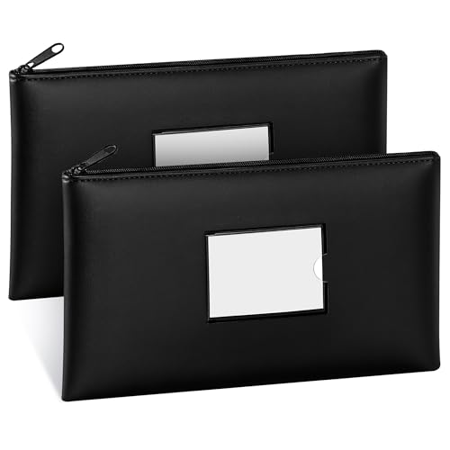 SMARTAKE Money Bags with Zipper 2Pack Bank Bags with Label Waterproof Leather Money Pouches for Cash Coin Bill Invoice Deposit Receipt Storage and Organize 115 x 62 Inches Black - Image 1