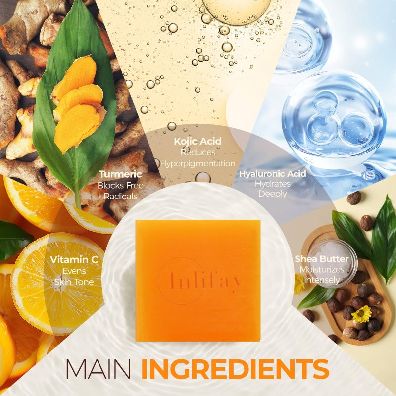 Inlifay Kojic Acid Turmeric Soap: Dark Spot Remover for Face Body - Skin Cleansing Bar for Women with Hyperpigmentation - Home Travel Use in Summer - Image 2