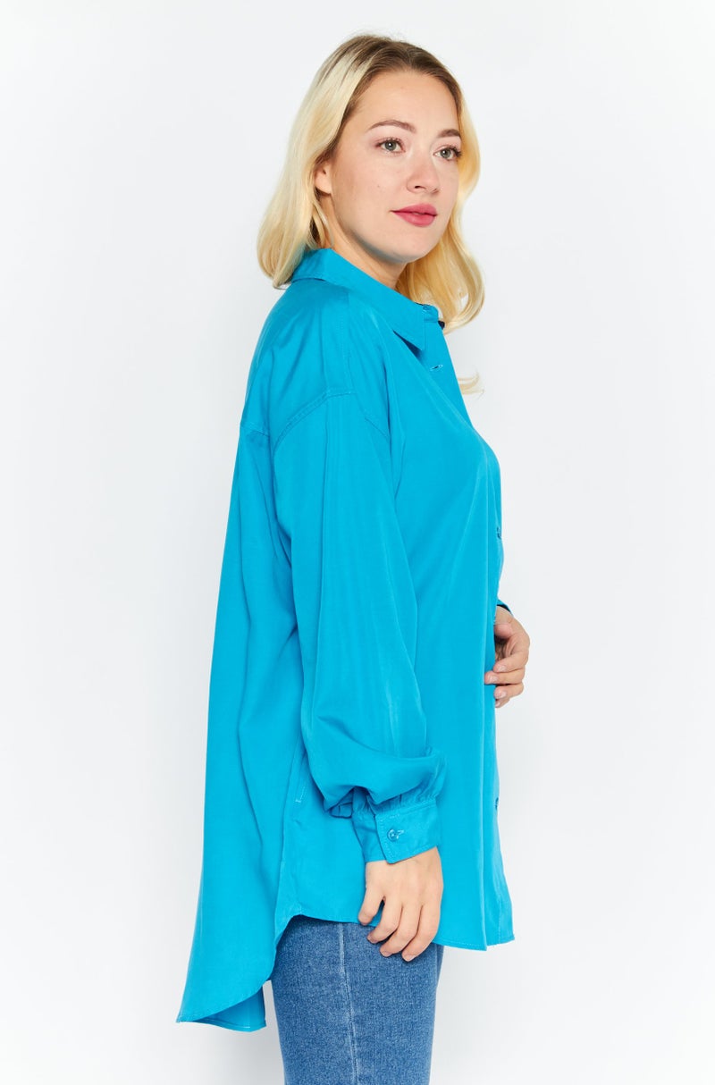 Women Spread Collar Long Sleeve Plain Oversized Shirt, Blue