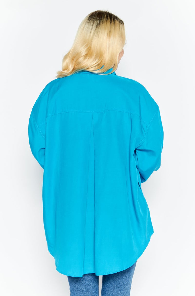 Women Spread Collar Long Sleeve Plain Oversized Shirt, Blue