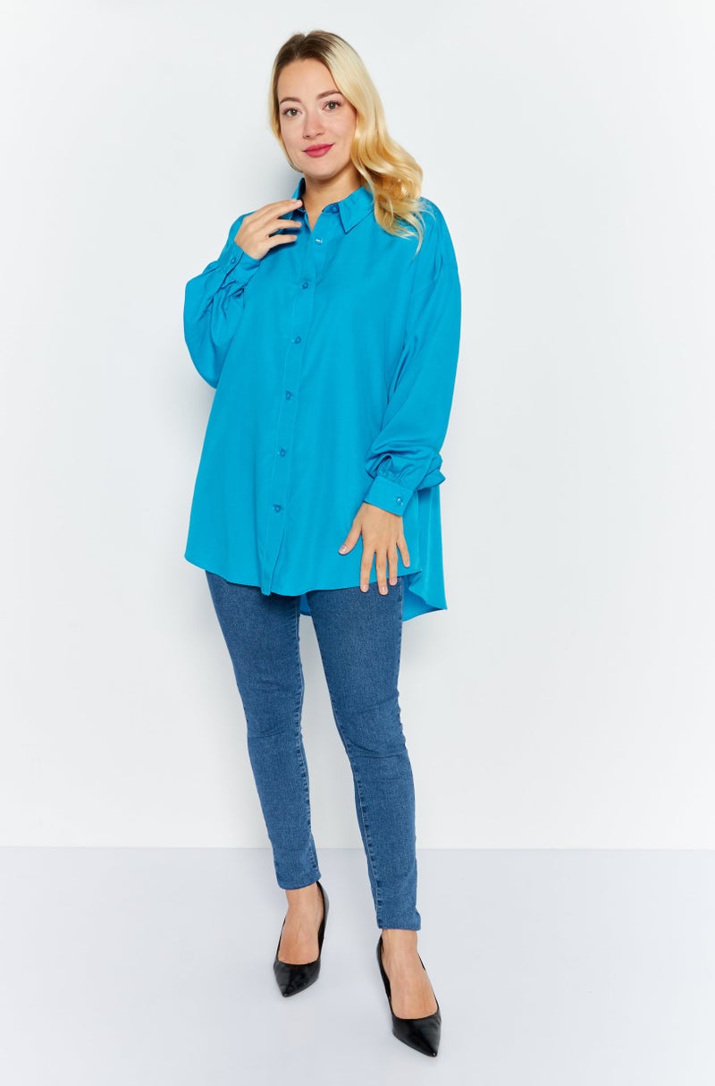 Women Spread Collar Long Sleeve Plain Oversized Shirt, Blue