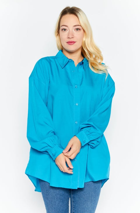 Women Spread Collar Long Sleeve Plain Oversized Shirt, Blue