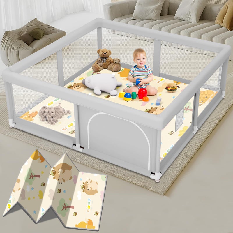 Jaobeem Baby Playpen with Mat, 50 x 50 inch, PlayPen for Babies and Toddlers, Play Yards Indoor & Outdoor, Sturdy Safety Play Pen with Soft Breathable Mesh, Baby Fence - Image 1