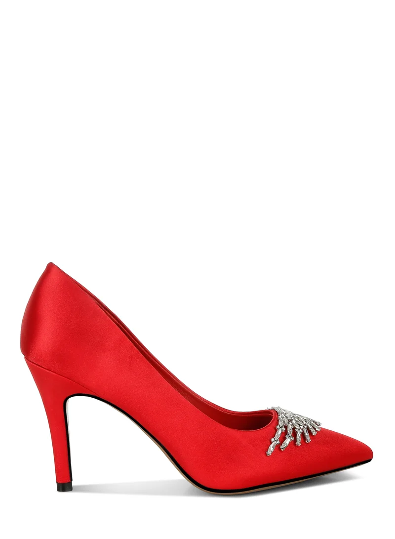 London Rag Diamante Brooch Detail Satin Pumps in Red