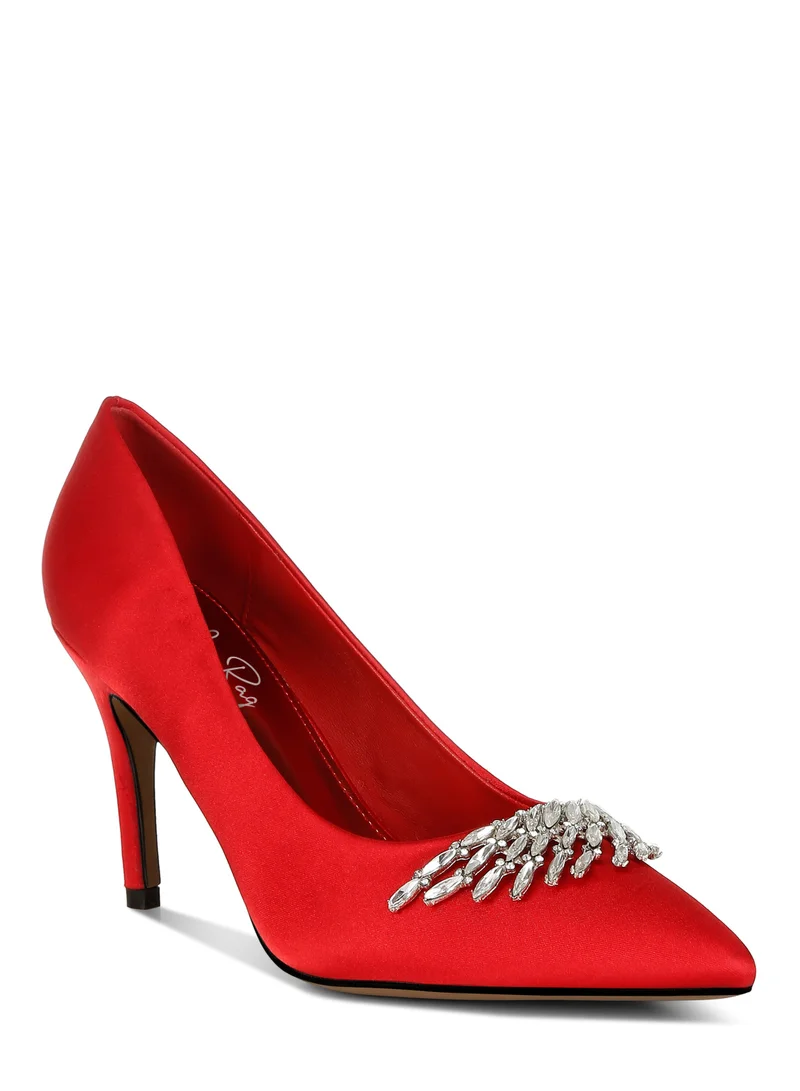 London Rag Diamante Brooch Detail Satin Pumps in Red
