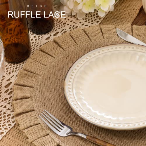 FunWheat Burlap Round Braided Placemats Set of 6 for Dining Tables 15 Inch Heat Resistant Jute Table Mats Farmhouse Woven Fabric Natural Place mats for Decoration(Ruffled Lace) - Image 4