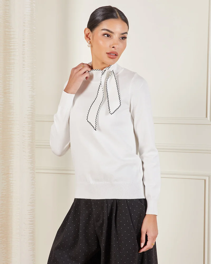 ردتاغ Women Ivory Bow Tie Neck Pullover