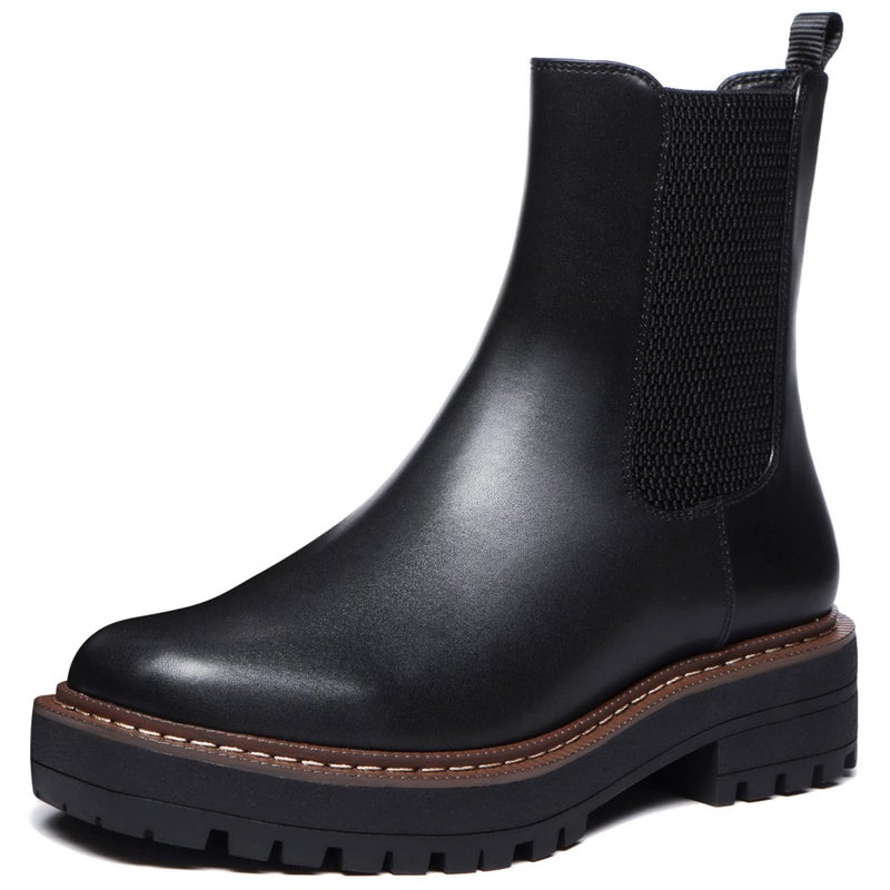 Athlefit Women's Chelsea Ankle Boots Platform Slip On Chunky Heel Lug Sole Leather Booties Black 8 - Image 1