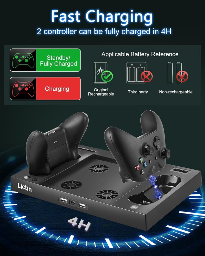 Lictin Cooling Fan Charging Station for Xbox Series X Console & Controller, Upgraded 4 Cooler Fan System Stand, Vertical Dual Charger Station Dock Accessories with 2 x 1400mAh Rechargeable Battery - Image 4