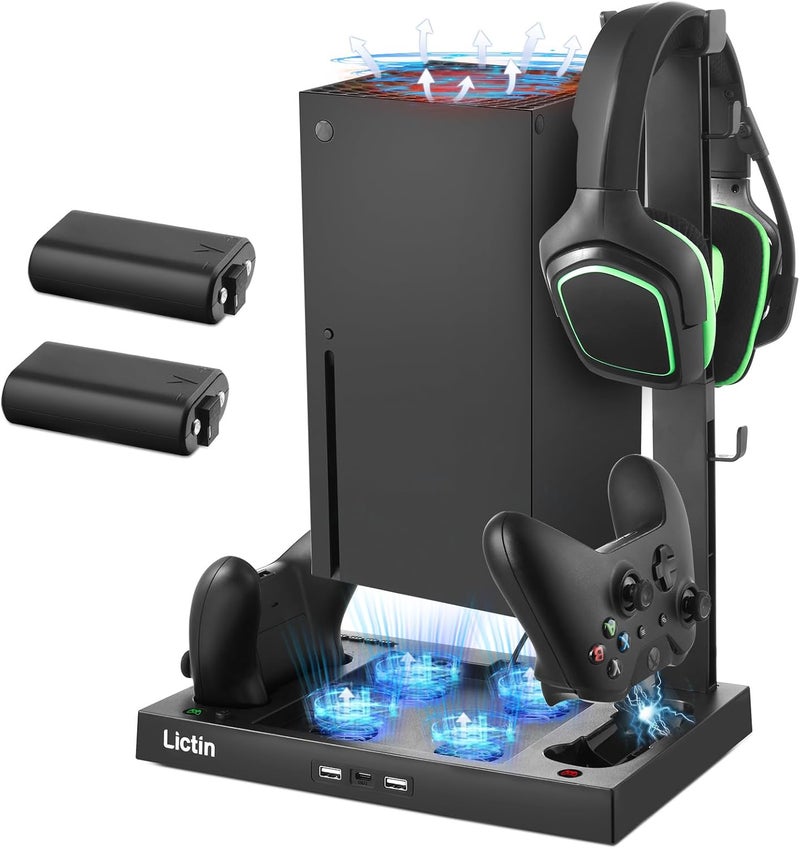Lictin Cooling Fan Charging Station for Xbox Series X Console & Controller, Upgraded 4 Cooler Fan System Stand, Vertical Dual Charger Station Dock Accessories with 2 x 1400mAh Rechargeable Battery - Image 1