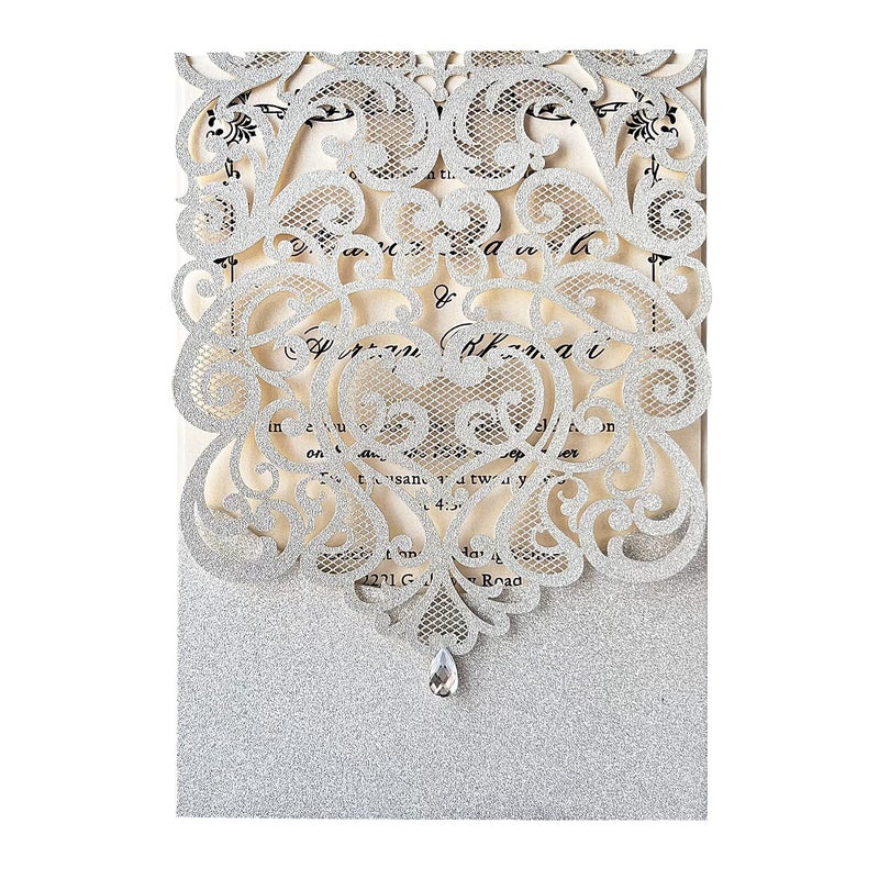 Hosmsua 51 x 73 Inch 50PCS Silver Glitter Wedding Invitation Cards with Rhinestone Laser Cut Hollow Flora Quinceanera Invitation with Envelopes for Bridal Shower Wedding Invite Silver Glitter