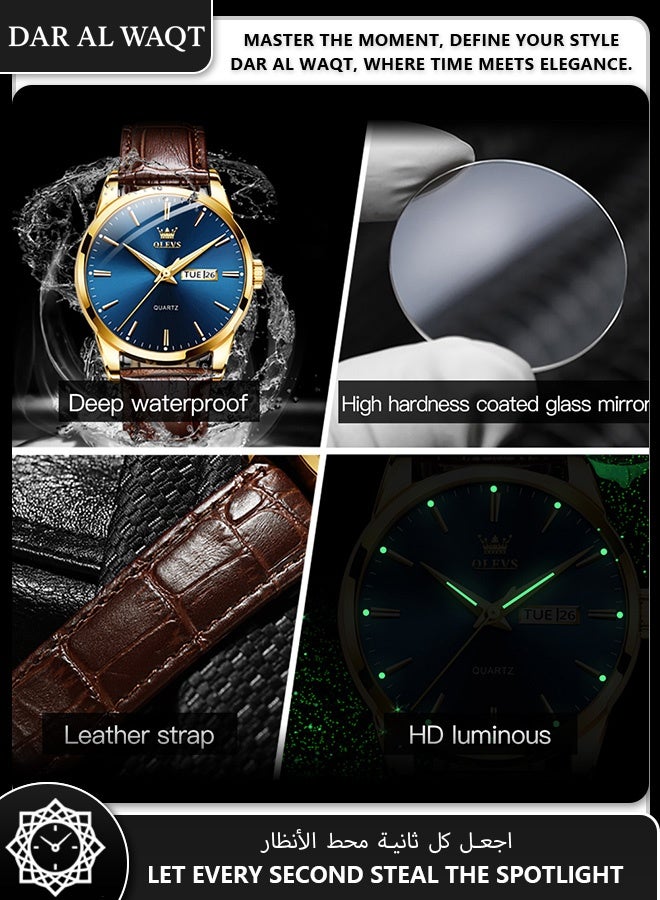 أوليفز ساعة OLEVS رجالية كوارتز – حزام جلد بني، علبة ذهبية، قرص أزرق، عملية أنيقة مقاومة للماء - Image 4