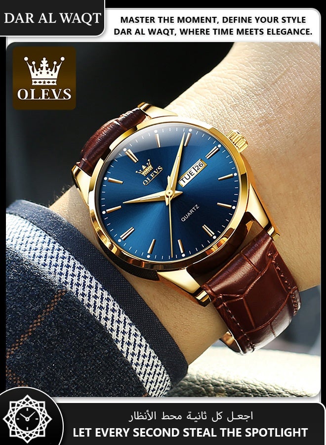 أوليفز ساعة OLEVS رجالية كوارتز – حزام جلد بني، علبة ذهبية، قرص أزرق، عملية أنيقة مقاومة للماء - Image 2