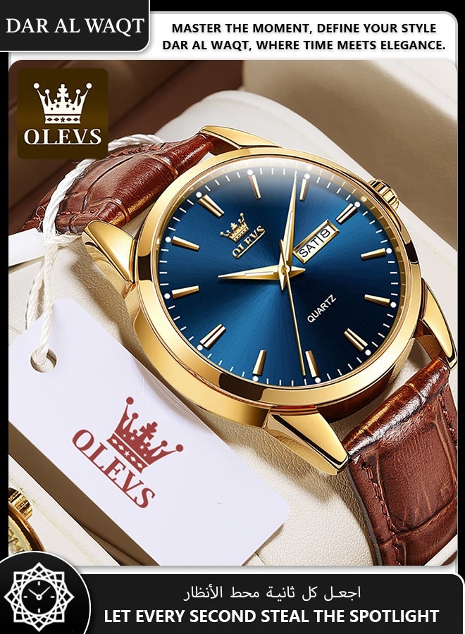 أوليفز ساعة OLEVS رجالية كوارتز – حزام جلد بني، علبة ذهبية، قرص أزرق، عملية أنيقة مقاومة للماء - Image 3