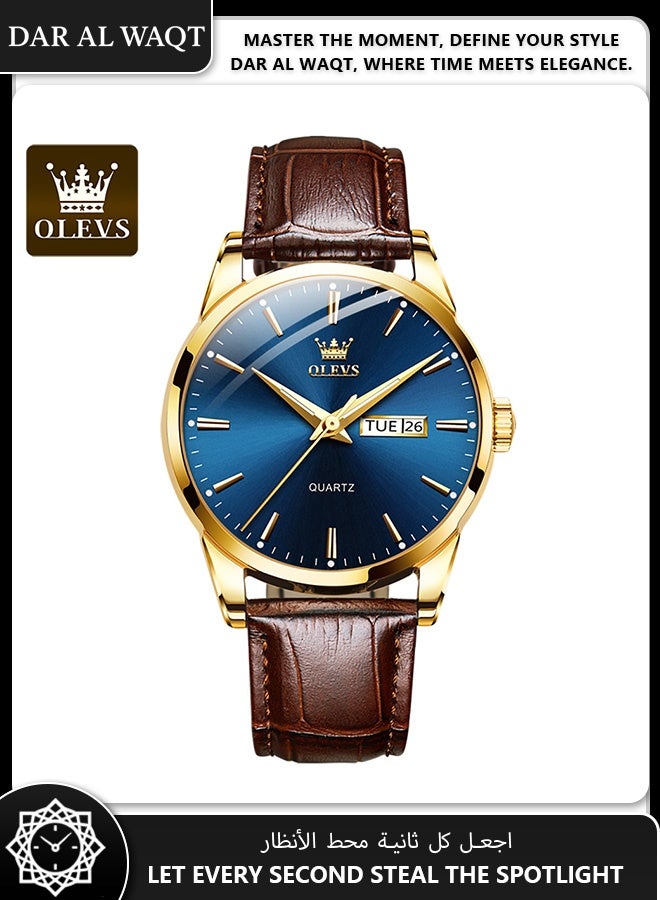 أوليفز ساعة OLEVS رجالية كوارتز – حزام جلد بني، علبة ذهبية، قرص أزرق، عملية أنيقة مقاومة للماء - Image 1