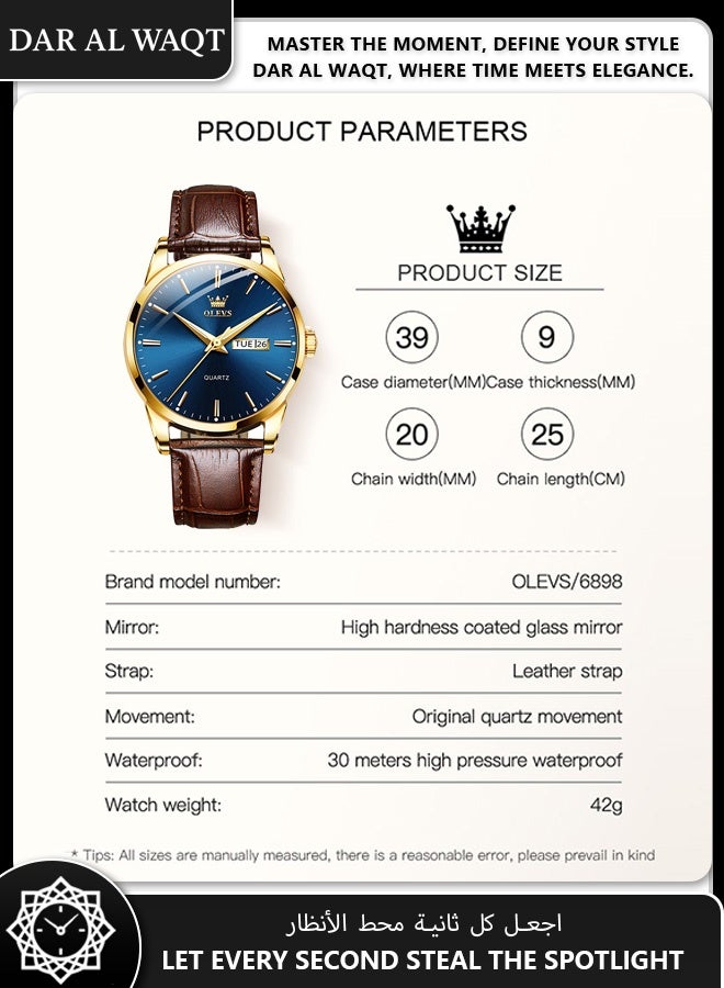 أوليفز ساعة OLEVS رجالية كوارتز – حزام جلد بني، علبة ذهبية، قرص أزرق، عملية أنيقة مقاومة للماء - Image 5